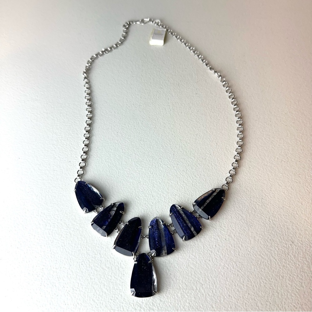 NEW Kendra Scott Navy Dusted Glass Silver Tone Chain Harlie Statement Necklace